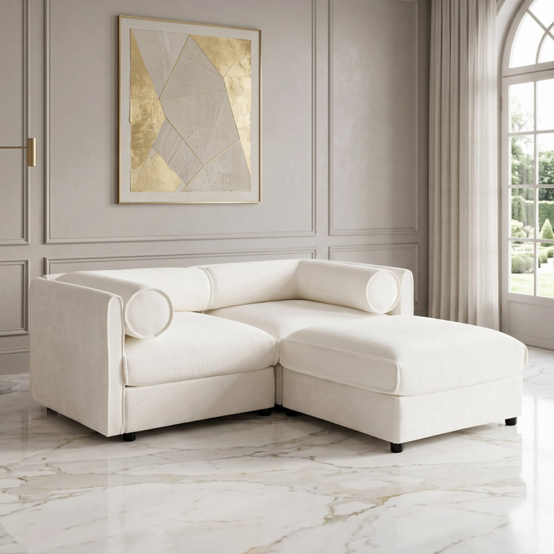 Causeuse modulaire moderne en chenille blanche avec repose-pieds avec accoudoirs cylindriques, Blanc