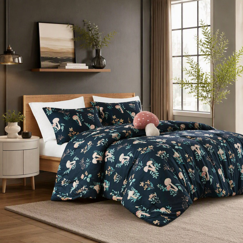 Ensemble de couette 4 pièces en microfibre à motif champignon pour lit double/queen avec coussin décoratif assorti (229 x 229 cm).