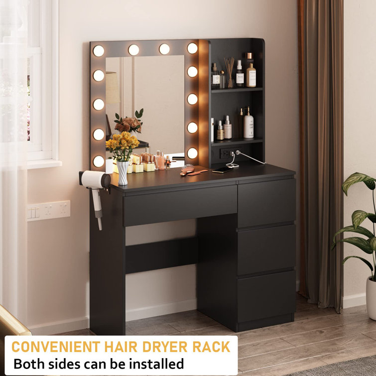 Latitude Run® Jamaiyah Large Vanity Desk with Storage Shelves, 5 Drawers,  Glass Cabinet