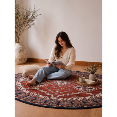 Hand Loom Knotted Wool Oriental Rust | Blue Round Indoor Area Rug