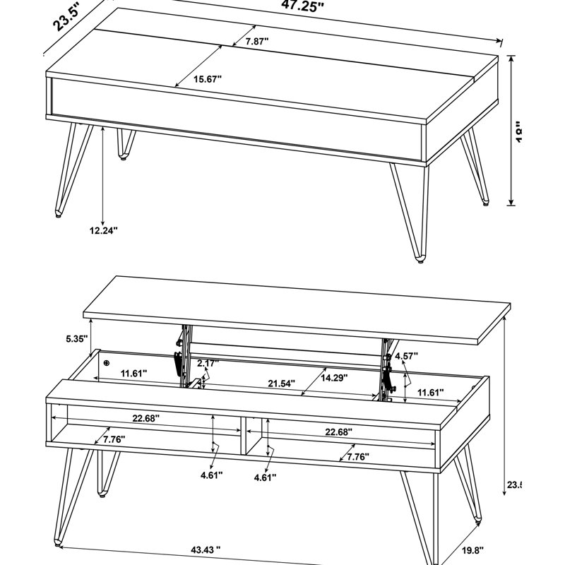 Rectangulaire, table basse à plateau relevable, chêne doré, noir, compartiments de rangement cachés, bois d'ingénierie et stratifié, couleur chêne chaleureux, pieds industriels noirs, capacité de vie, base,