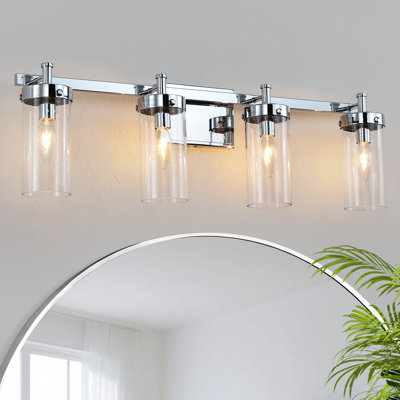 28" 4-light Modern Nickel Vanity Light With Seeded Glass Shades For Bathroom