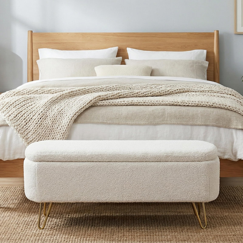 Modern Comfy Upholstered Bedroom Storage Bench, Ivory