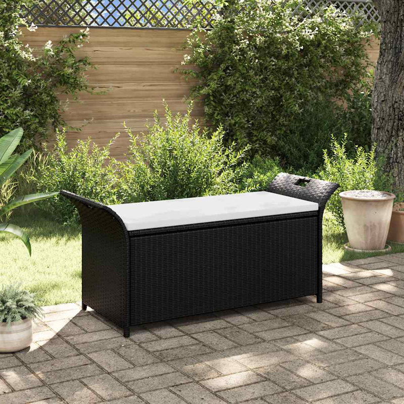 Banc de rangement vidaXL en rotin de polyester avec coussin, banc de jardin pour repose-pieds intérieur / extérieur, conception imperméable, entretien facile