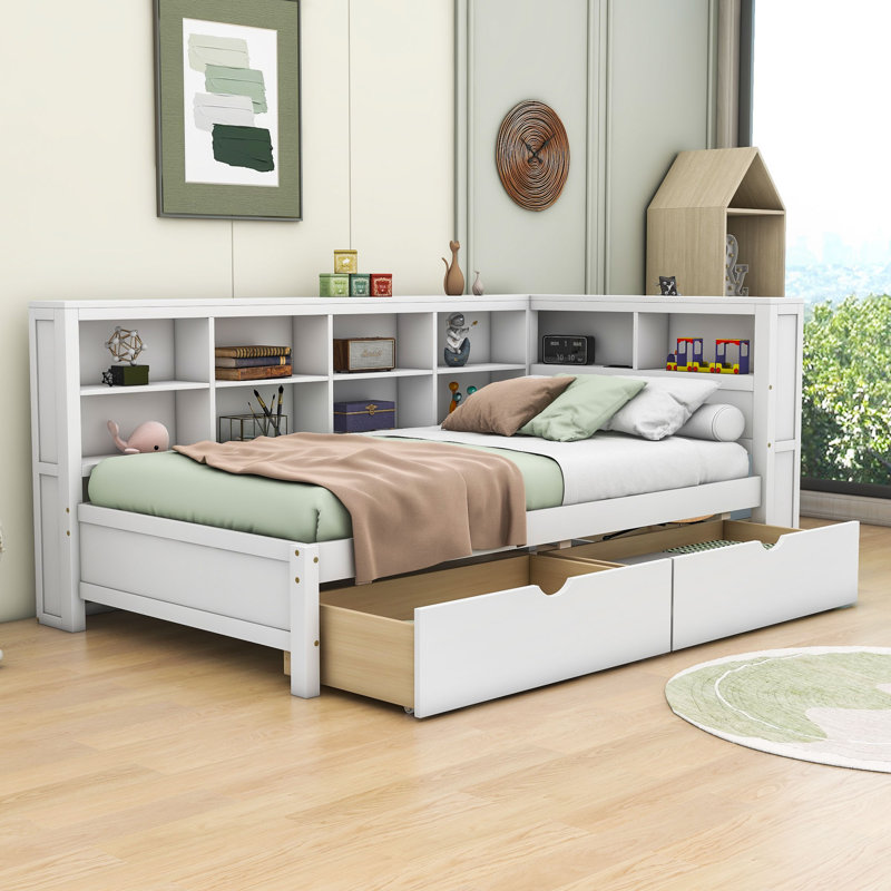 Haileyjo Wood Daybed with 2 Drawers,USB Charging and Shelves, Twin, White