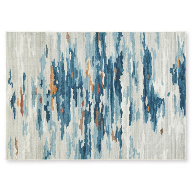Tapis lavable Vinly, motif abstrait bleu-brun, polyester crème 8 x 10