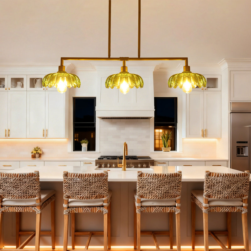 3-Light  42.5'' Dimmable Kitchen Island Rustic Linear Chandelier  French Country Dining Room Pendant with Green Glass Shade