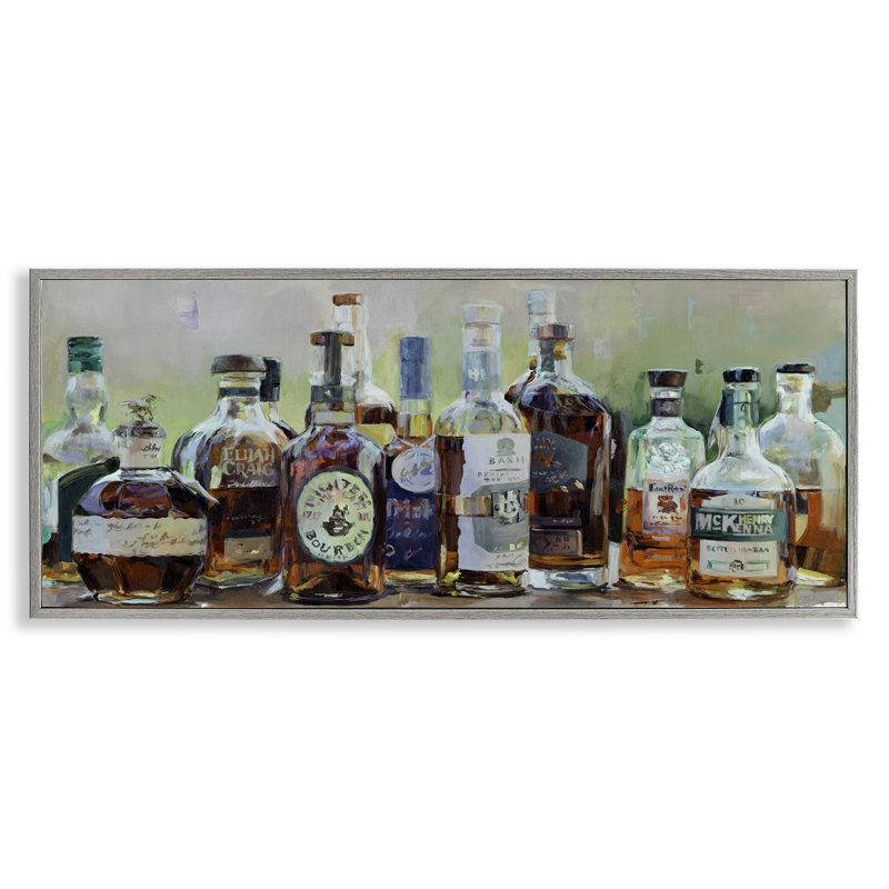 Vintage Whiskey Bottles Display Framed Giclee, design by Marilyn Hageman, 13 x 30, Farmhouse Grey Giclee Framed