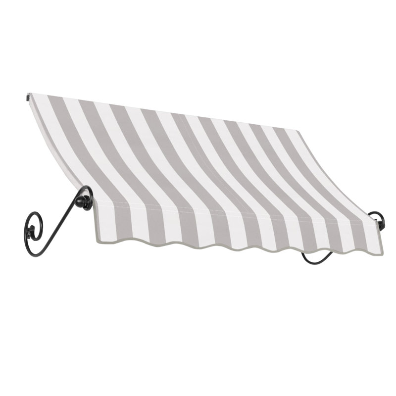 Awntech Charleston Acrylic Fabric Awning with Iron Scroll Arms, 18" H x 52.5" W x 36" D, Gray/White Stripe