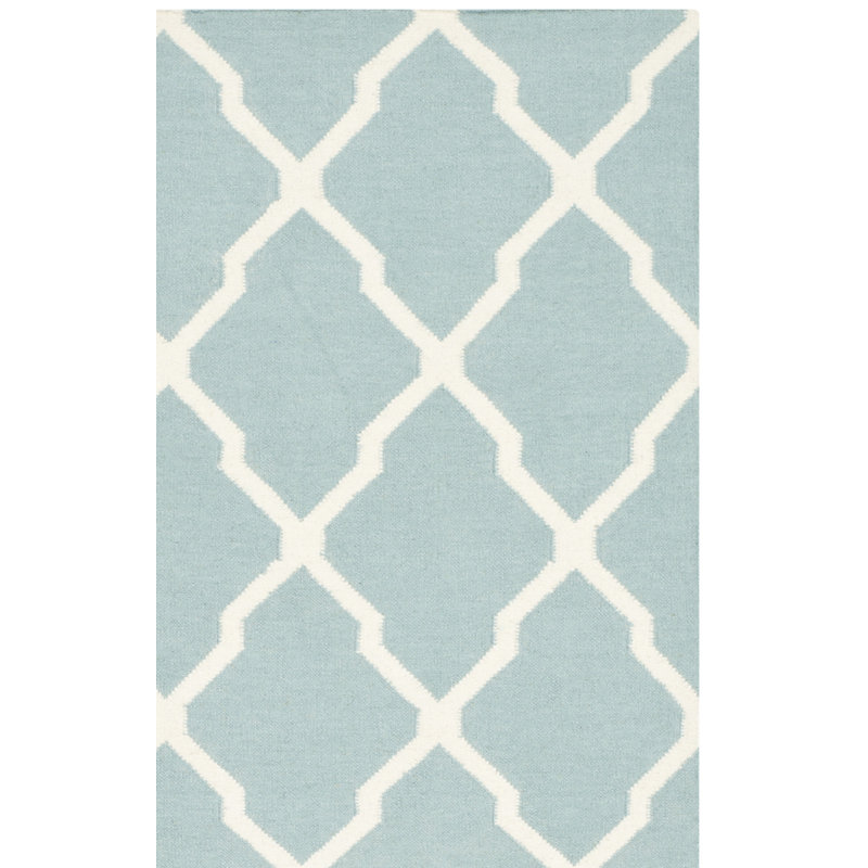 Tapis bleu clair / ivoire en laine et coton tissé à la main Dhurrie, Rectangle 6 pi x 9 pi