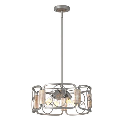 Inlight 17"" Modern Farmhouse 4-Light Drum Island Chandelier With Distressed Wood Accents, Brushed Silver Gray Finish, Semi-Flush Convertible Pendant, -  IN-0336-4-WD