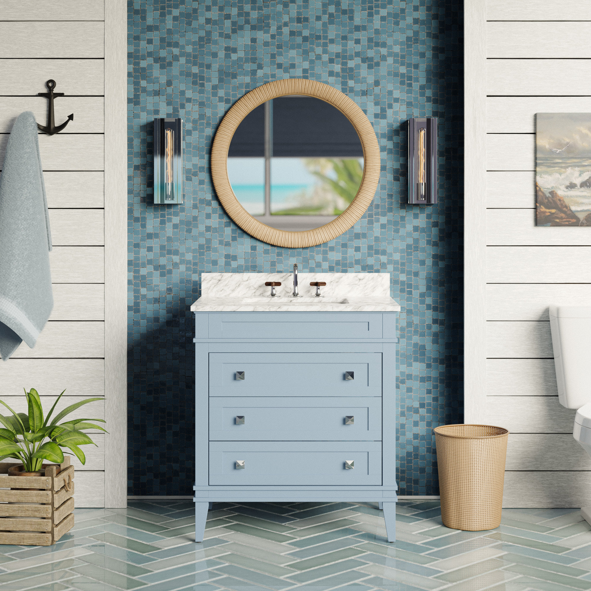 Frankfurt 30'' Single Bathroom Vanity, Powder Blue, Carrara Marble