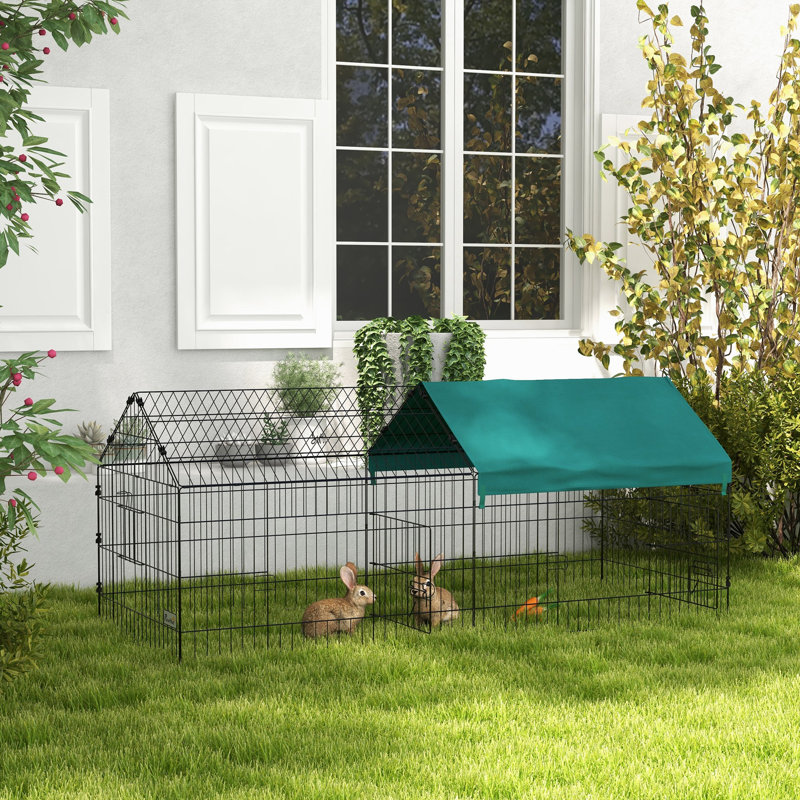 73 po parc pour petits animaux - convient aux lapins, poulets, chinchillas. Intérieur et extérieur. Pinces verrouillables, assemblage facile, multiples, piquets de sol, toit ombragé
