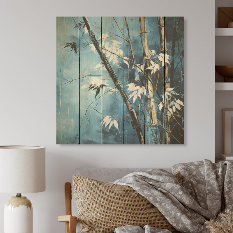 Serenity in Blue Bamboo Forest I - Art mural en bois de bambou sur bois de pin naturel, H 30 po x l 30 po