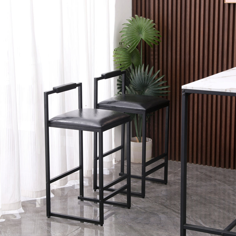 Black Bar Stool With Backrest Set Of 2 Counter Height PU Leather Upholstered Bar Chairs With Footrest