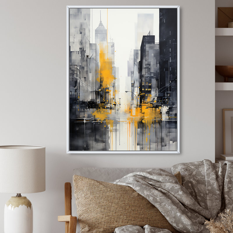 Gris gris, jaune, minimalisme, rythmes de la ville III sur toile, H 32 po x l 24 po x P 1 po, Cadre flottant blanc