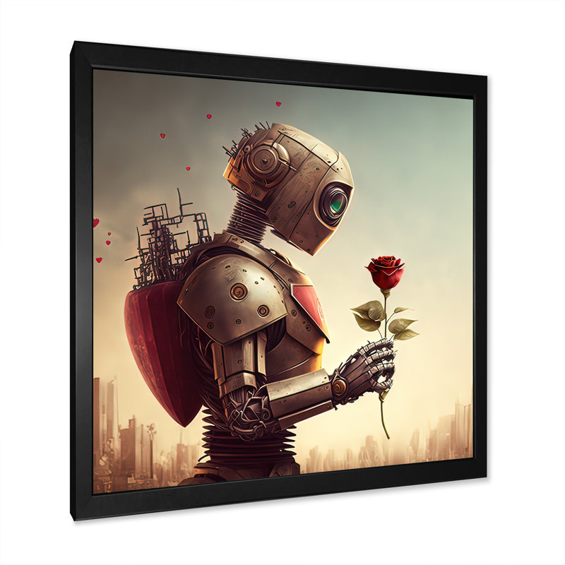 «Robot in Love at Valentines Day I», impression sur toile, H 30 po x l 30 po x P 1 po, Impression noire sur toile encadrée