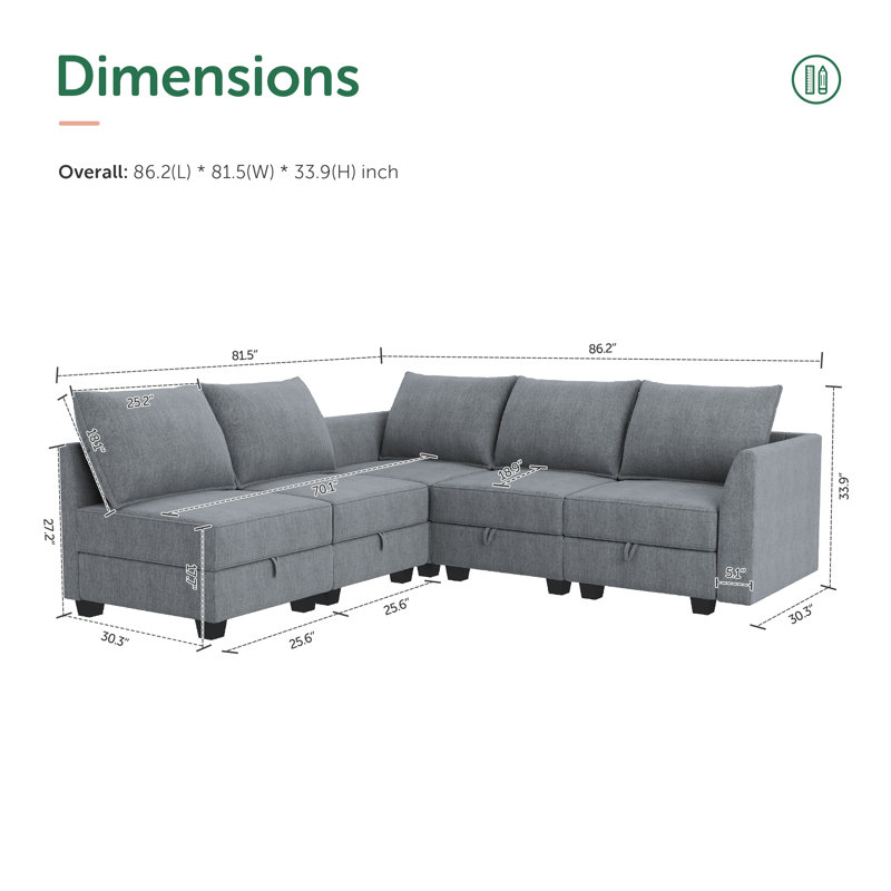 L-Shaped Modular Sectional Couch Reversible Modular Upholstered Sofa, Bluish Gray Polyester Blend