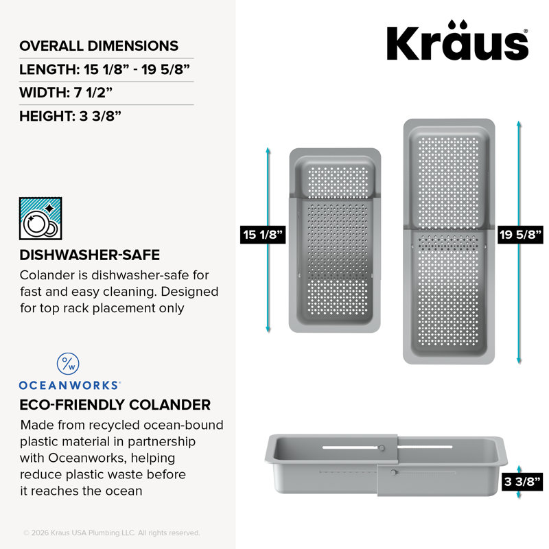 Passoire KRAUS extensible pour évier de cuisine / Passoire au-dessus de l'évier pour le rinçage et le séchage convenant à la plupart des éviers, gris clair