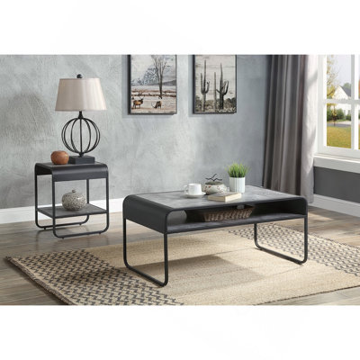 Table de bout moderne au design épuré avec tablette à finition noire, structure en métal, meubles de salon gris béton, 1 pièce