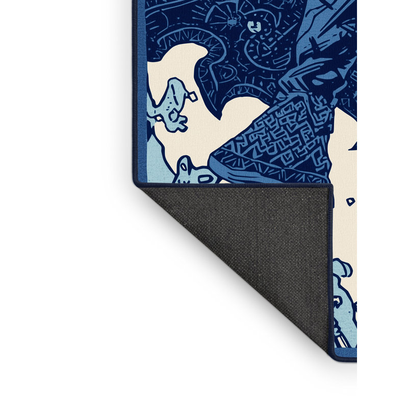 Soft Plush Dunkle Pirate Treasure Hunter Bohemian Block Print Area Rug in Blue – Navy Binding, 5x7