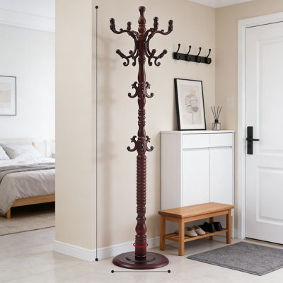 Freestanding Wood Coat Rack With 14 Hooks, Sturdy Entryway Hat And Coat Tree Stand With Wide Stable Base For Home And Office