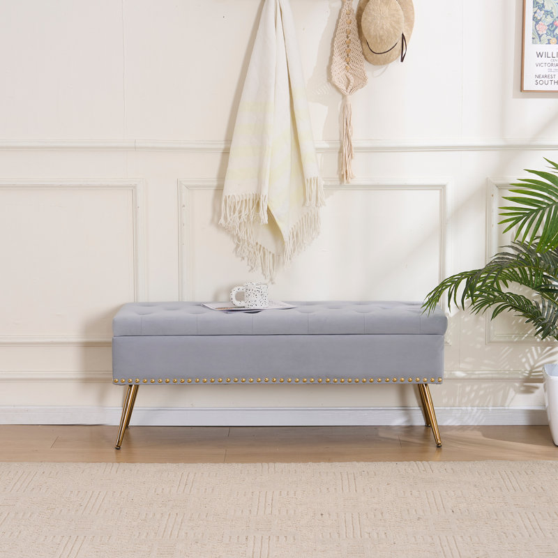 Banc repose-pieds en velours avec rangement, Gris, H 18 po x l 46 po x P 15,5 po