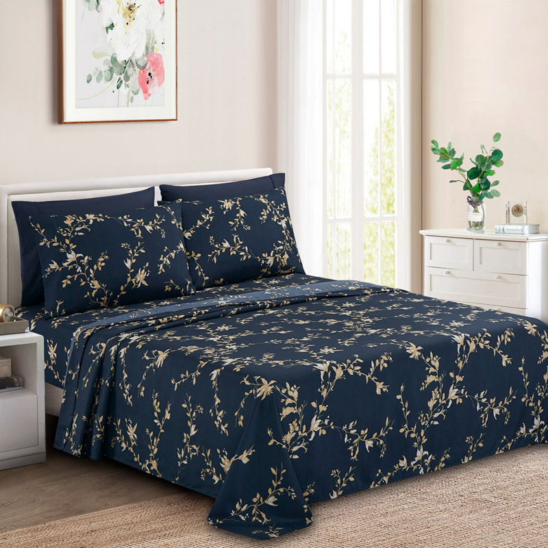 Marina Decoration Home Decor Bedding Bedroom Bedsheet Soft Silky Deep Pocket Rayon from Bamboo All Season 4 Pieces Printed Sheet Set with 2 Pillowcases, Navy Blue Taupe Floral Pattern Twin/Single Size