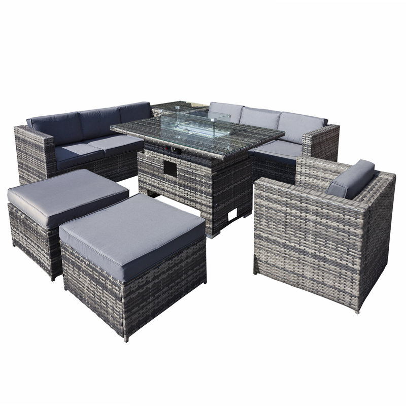 Malta Rattan 9 Seat Rising Firepit Corner Set in Grey Walnut with 2 Footstools