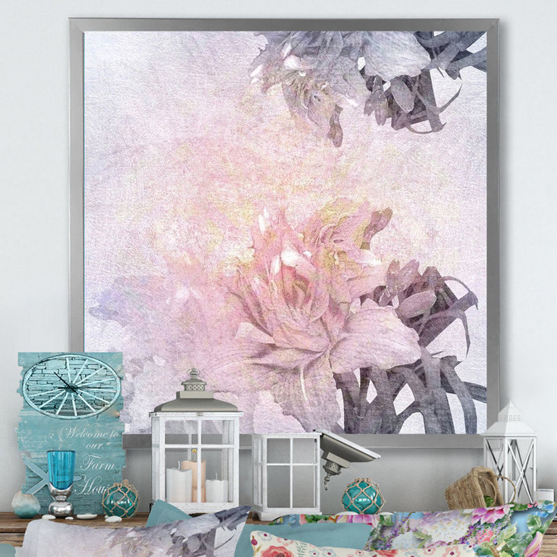 Fleurs roses rétro - peinture, Cadre photo argenté, H 36 po x l 36 po x P 1,5 po