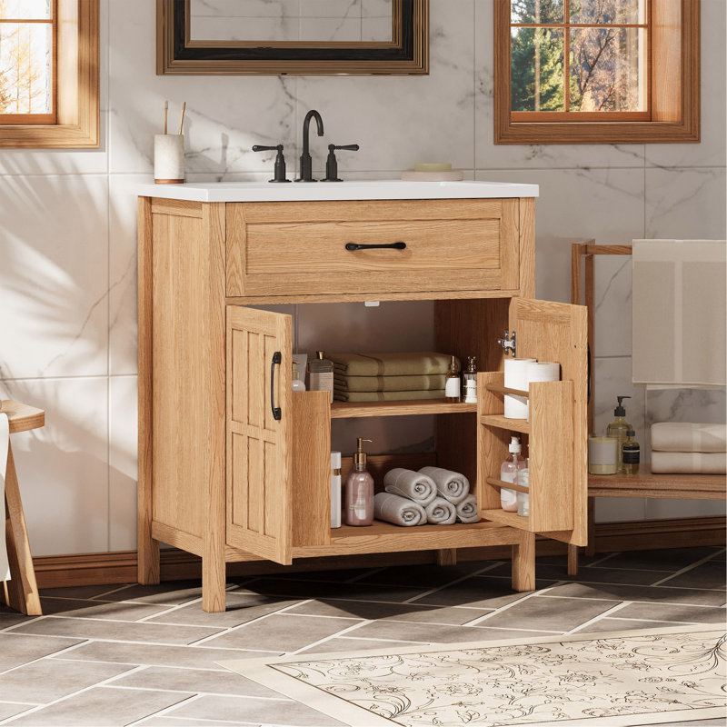 Meuble-lavabo de 30 po avec lavabo en résine, meuble-lavabo à cadre en bois massif avec tablette réglable, organisateurs de porte d'armoire, grain de bois naturel