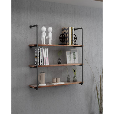 Industrial Pipe 36 Inch Floating Shelves Wall Mounted , 3-Tier Storage Shelving Unit Wooden Display Bookshelf Flower Stand For Bathroom Bedroom Kitche