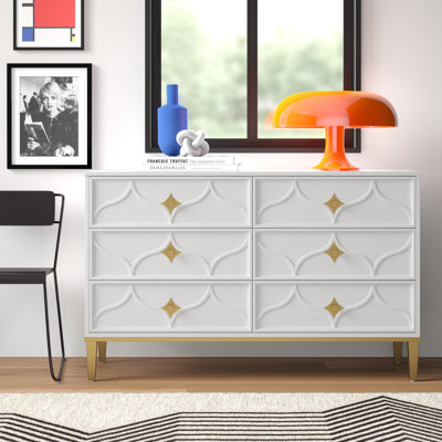 Commode 6 tiroirs Lomita en blanc et or