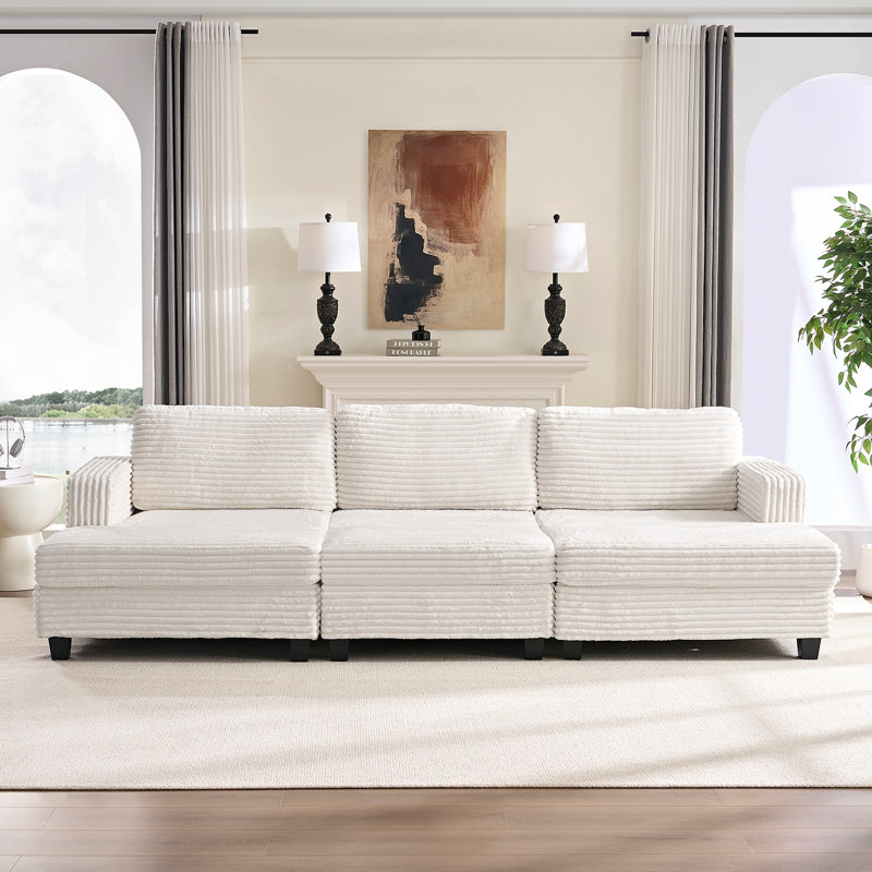 120" Modular Corduroy Sectional – Removable Cushion Covers & Lumbar Support, Beige