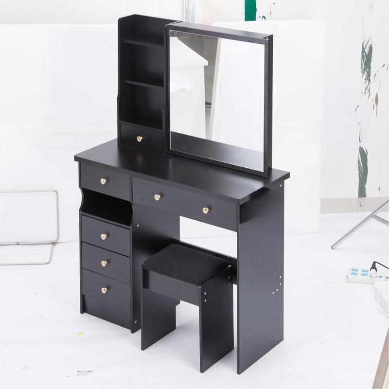 Table de meuble-lavabo de 37 po avec tabouret rembourré, rangement de grande capacité et commode pratique 37 po, Noir