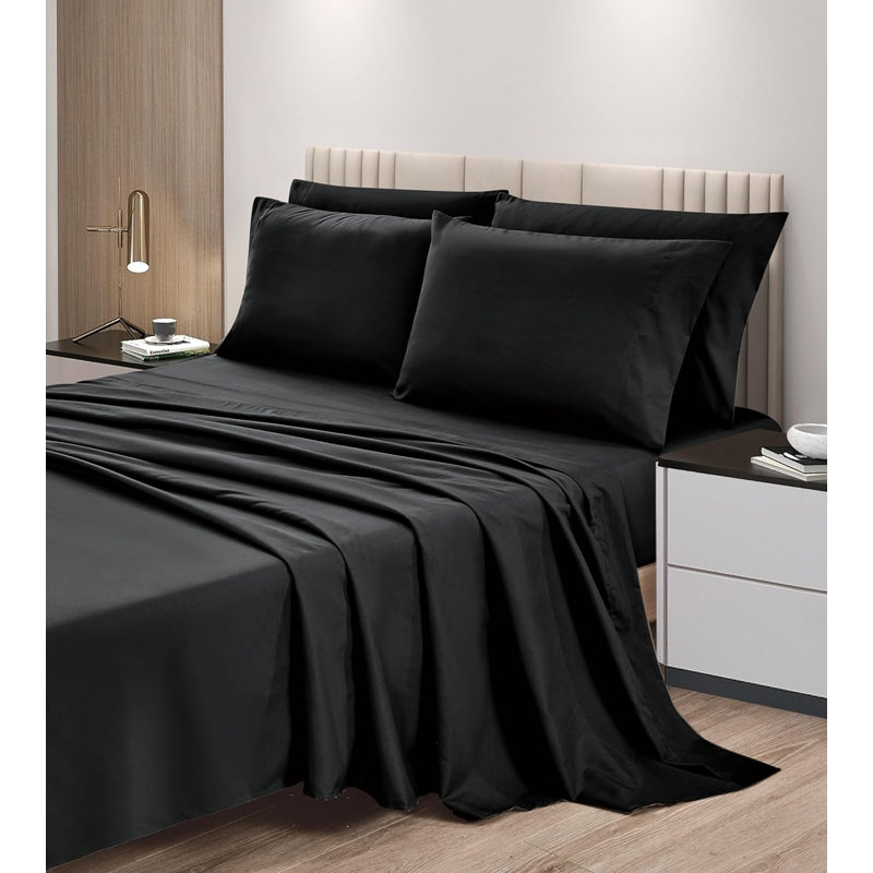 6-Piece Brushed Microfiber Bed Sheet Set, Black, Queen Sheet Set with 5 Additional Pieces