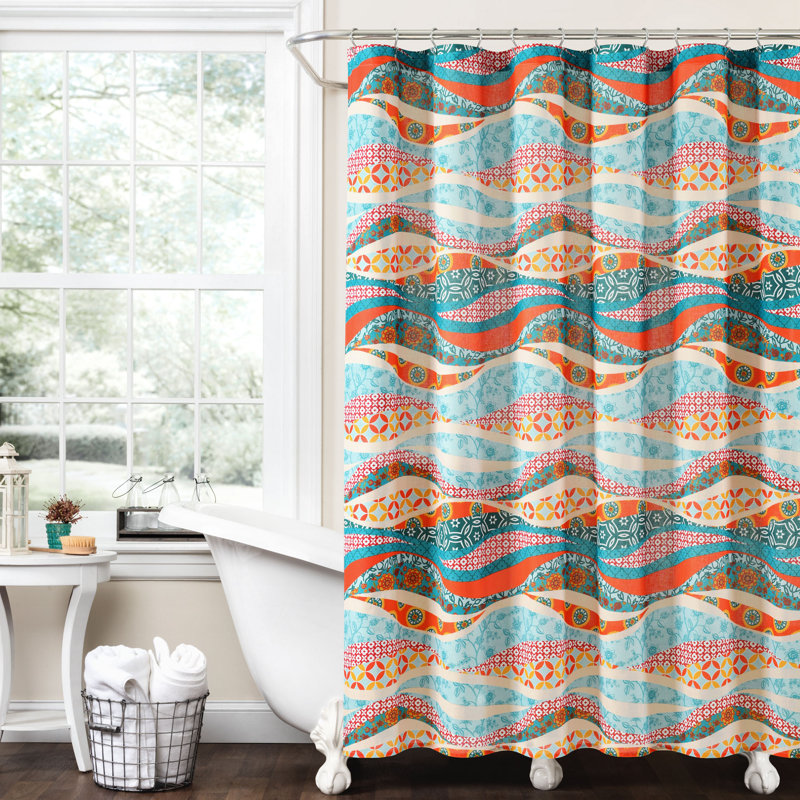 Turquoise Multi Cotton Geometric Shower Curtain, 72" x 72"