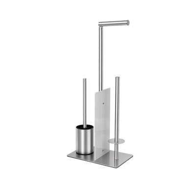 Silver 65 x 28 x 18 cm Toilet Roll Holder Free Standing with Glass Baffle and Brush