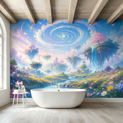 Peel and Stick Wallpaper Wall Mural Floating Islands Waterfalls Spiral Sky Fantasy Landscape Wall Art Self Adhesive and Removable