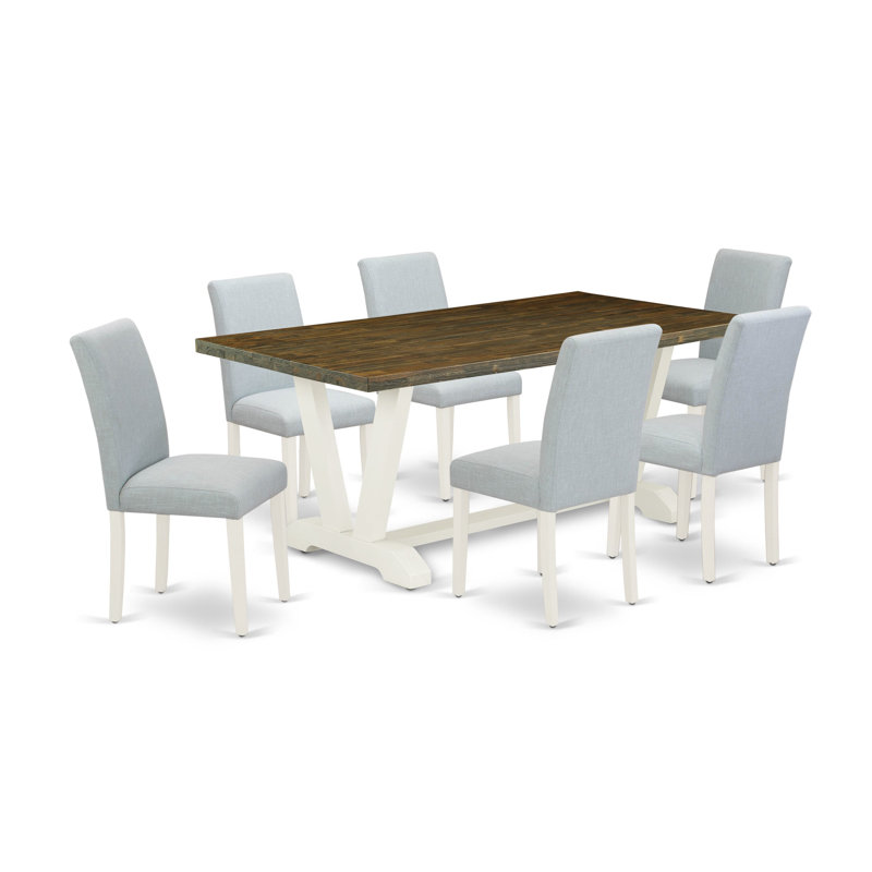 L'ensemble de table 7 pièces Mid-Century comprend une table de cuisine jacobine délavée et 6 chaises de salle à manger en lin bleu bébé avec dossier haut - lin brossé blanc.