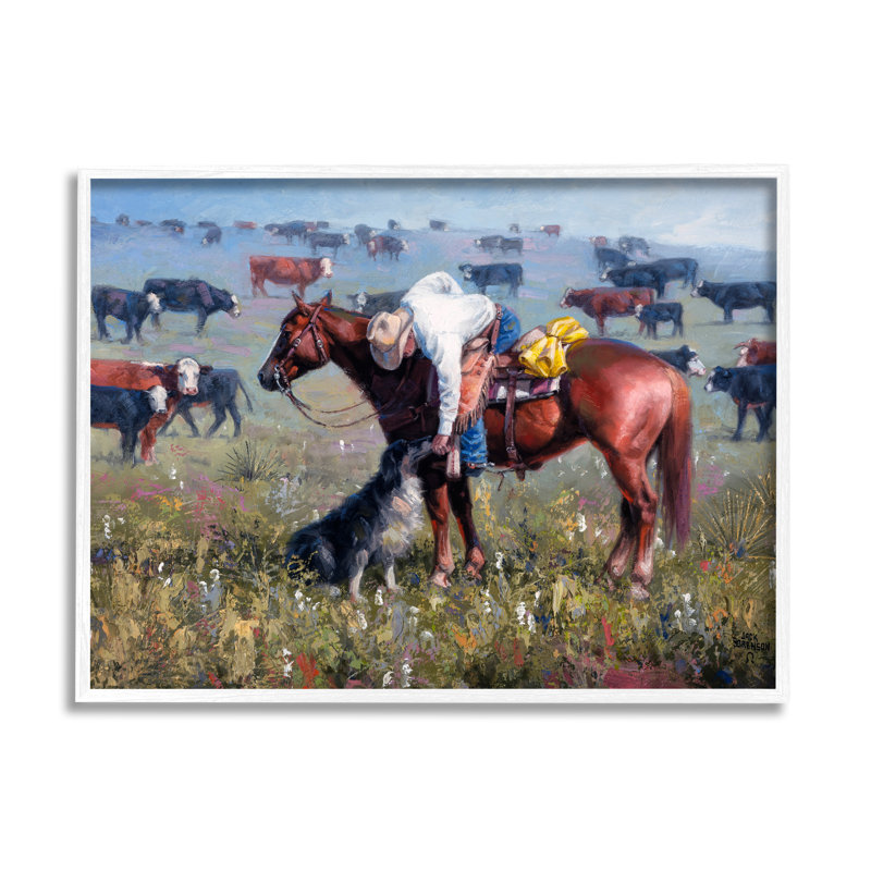 Cowboy, caresser, berger, chien de ferme, bovins, prairies, paysage, ferme grise, estampe numérique, art texturé par Jack Sorenson