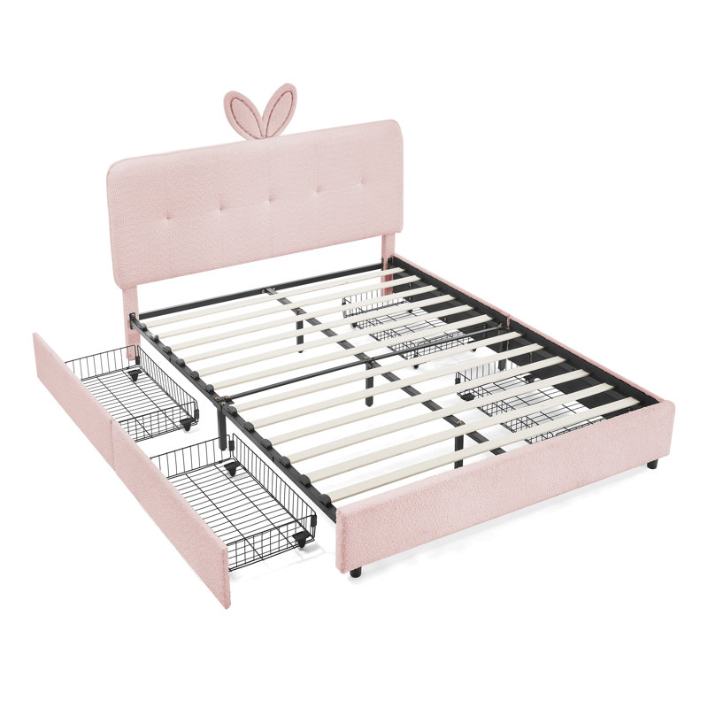 Grand lit rembourré pour enfant avec tête de lit surdimensionnée en tissu rose