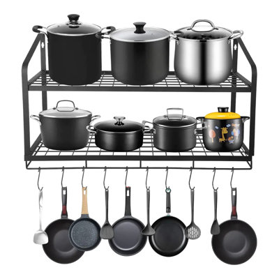 30-Inch Hanging Pot Rack - Mounted Hanging Rack For Kitchen Storage And Organization- Matte Black 2-Tier Wall Shelf For Pots And Pans With 10 Hooks