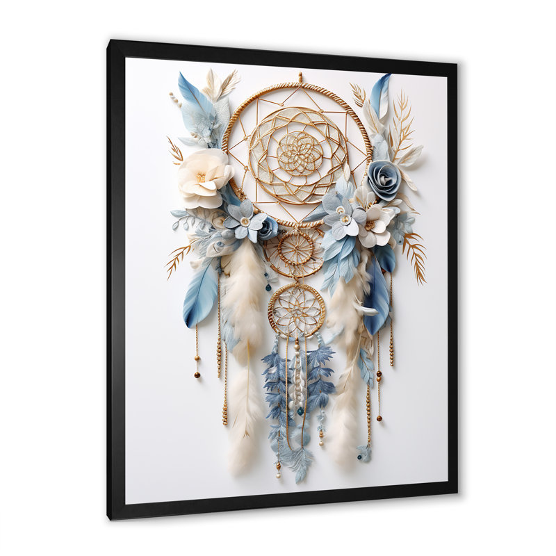 Attrape-rêves blanc et bleu Tranquility sur toile, Cadre simple noir, H 44 po x l 34 po x P 1,5 po