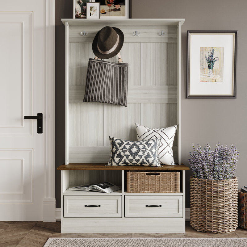 Hall Tree with Storage Cabinet In Brown, Light Gray