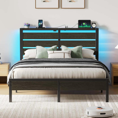 Bed Frame with Headboard & LED Lights, Metal Platform Bed with USB Charging Station, No Box Spring Needed