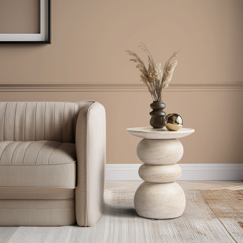 Stephanos Effect Stool End Table Durable Weatherproof Indoor and Outdoor Side Table, Travertine