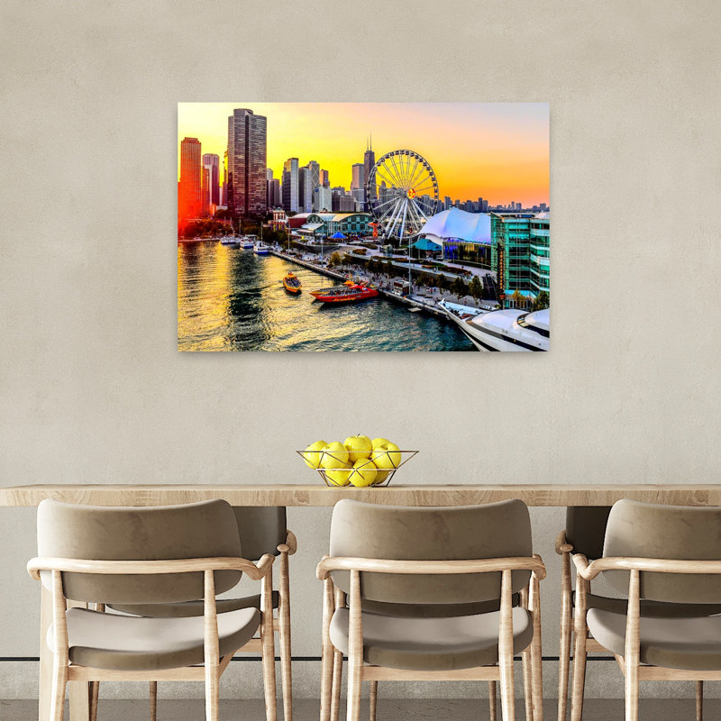Navy Pier with Ferris wheel at sunset Chicago Illinois USA 1 Piece Wrapped Canvas Wall Art, 60.96cm H x 91.44cm W