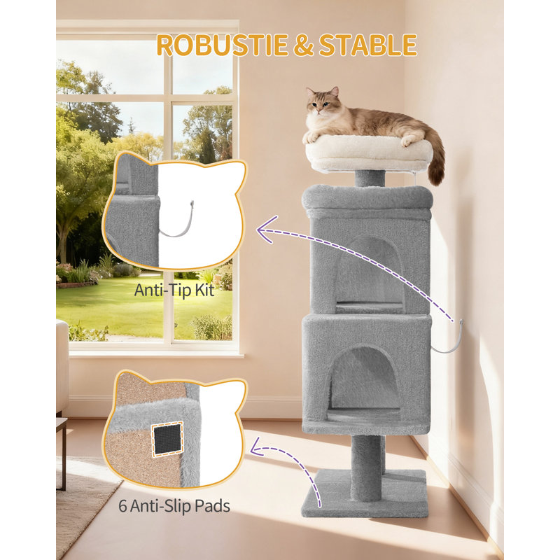 95cm Cat Tree for Indoor Cats, Cat Tower with Adjustable Base, Soft Large Platform, Plush Ball, Cat Bed, Scratching Post, Basket, Sisal Rope, Spacious and Sturdy