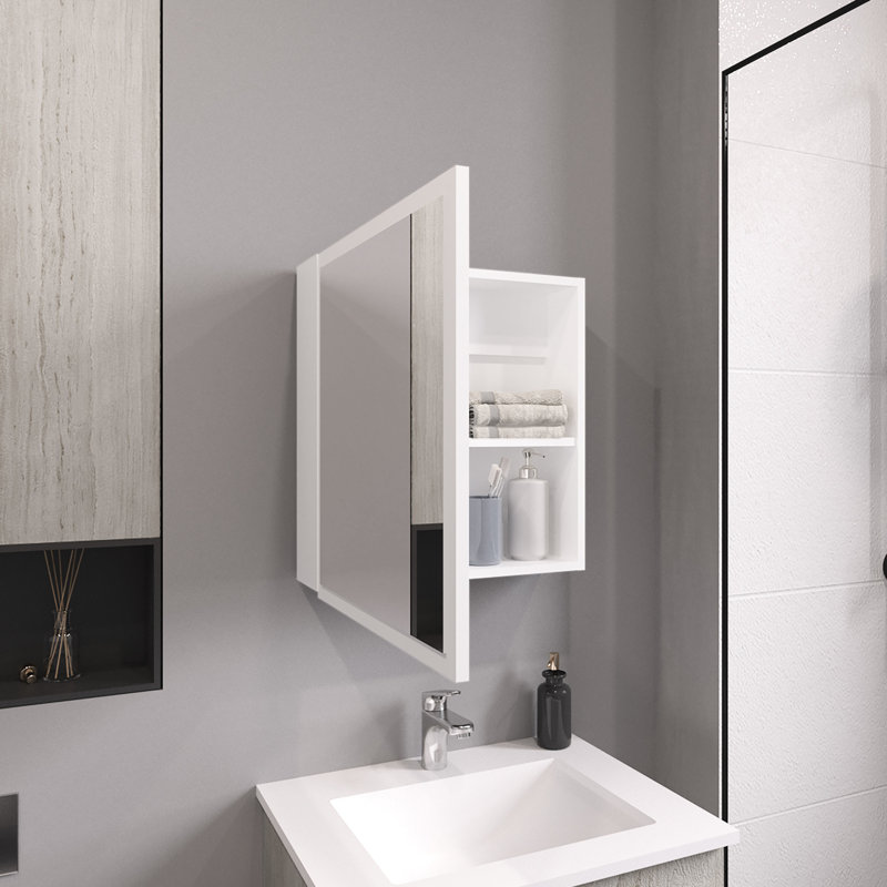 Armoire à miroir pour salle de bain et cuisine, 21,1 po x 19,7 po, blanc, 4 tablettes, option de porte-serviettes inclus
